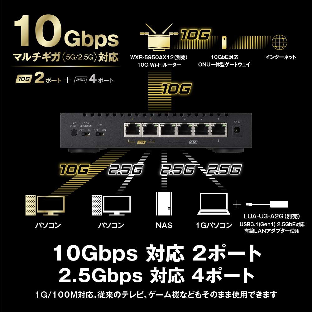 バッファロー BUFFALO 10 GbE 2 5 GbE対応 金属筐体 AC電源 6ポート ブラック スイッチングハブ LXW G 4