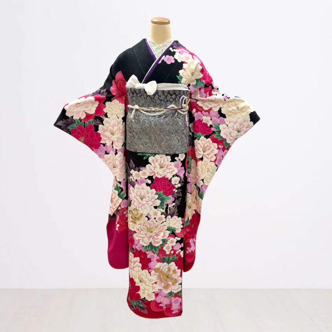 新品】♢振袖フルセット（7点セット）♢ f-20 森英恵 黒 牡丹 - メルカリ