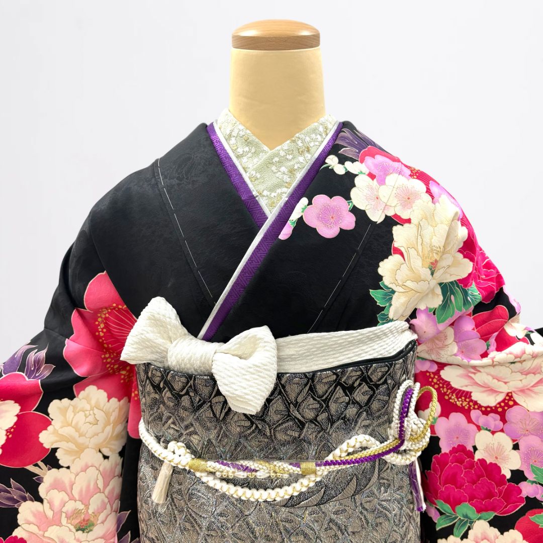 新品】♢振袖フルセット（7点セット）♢ f-20 森英恵 黒 牡丹 - メルカリ