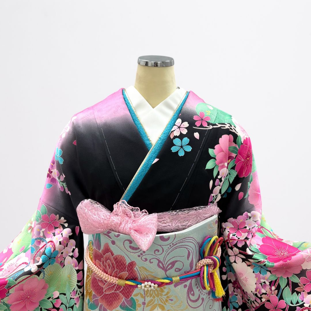 新品】♢振袖フルセット（7点セット）♢ f-22 黒 ピンク - メルカリ