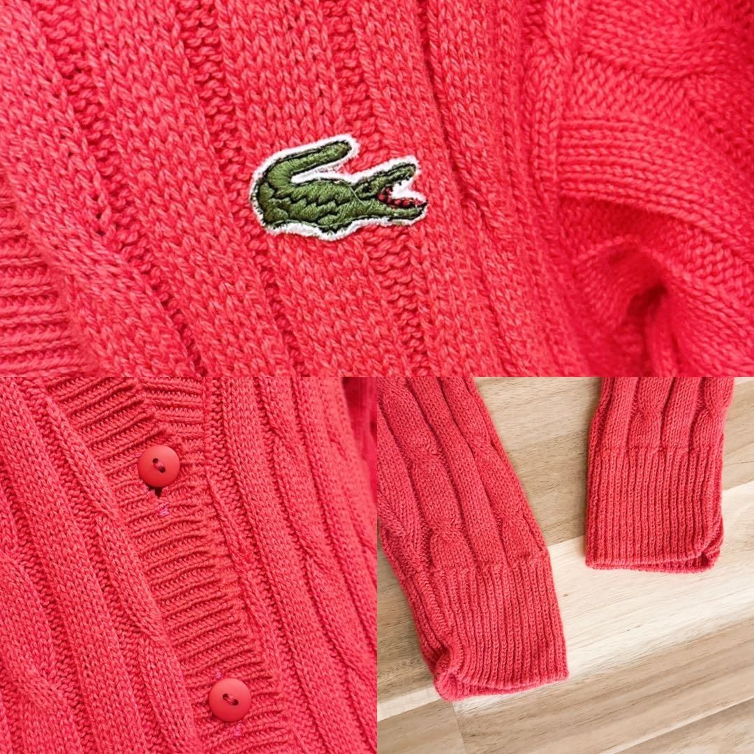 【ラコステ】Vネック ケーブルニット ロング カーディガン 刺繍ロゴ S ピンク ラコステ】Vネック ケーブルニット ロング カーディガン 刺繍ロゴ S