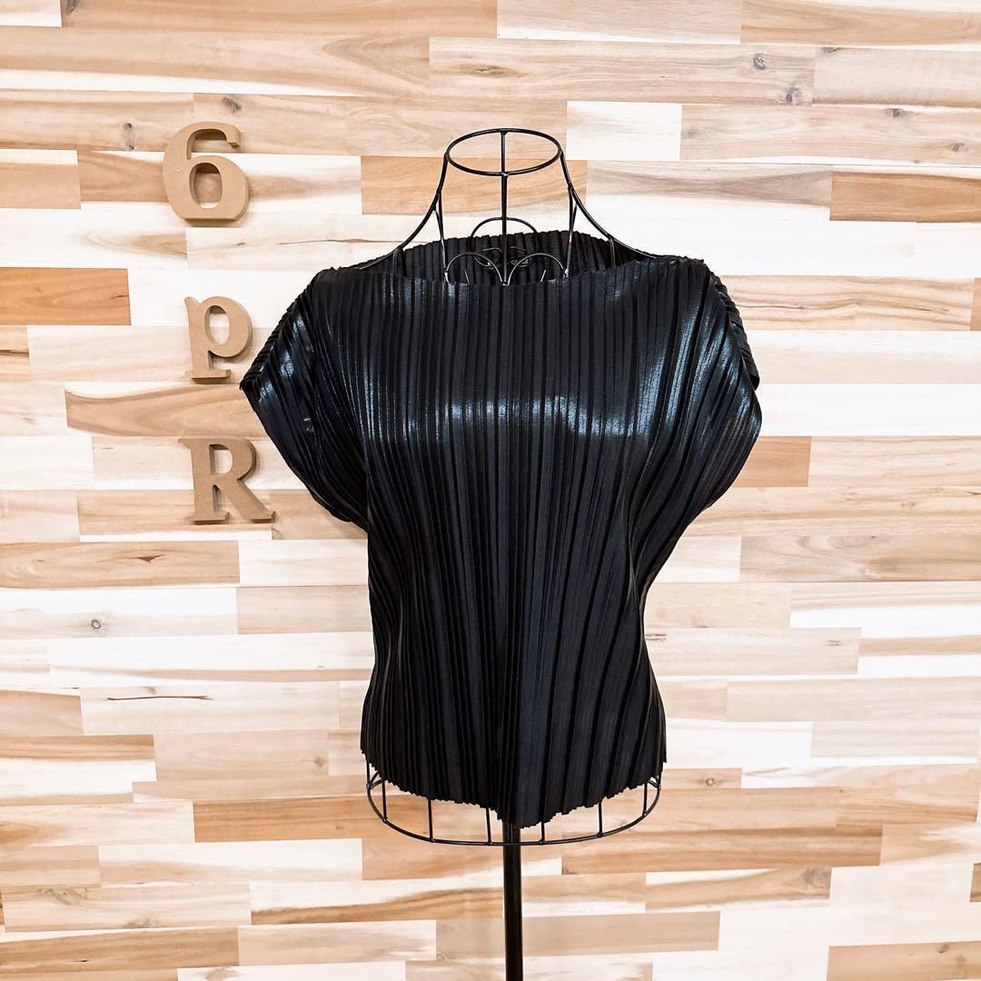  ザラ シャイニー メタリック ボートネック プリーツ ノースリーブ S 黒 ノースリーブ Tシャツ カットソー