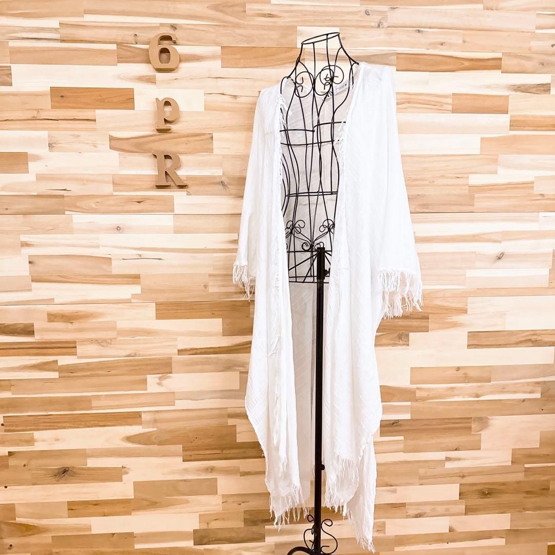 ザラ フリンジ ロング オープン ガウン カーディガン リゾート 海 M 白