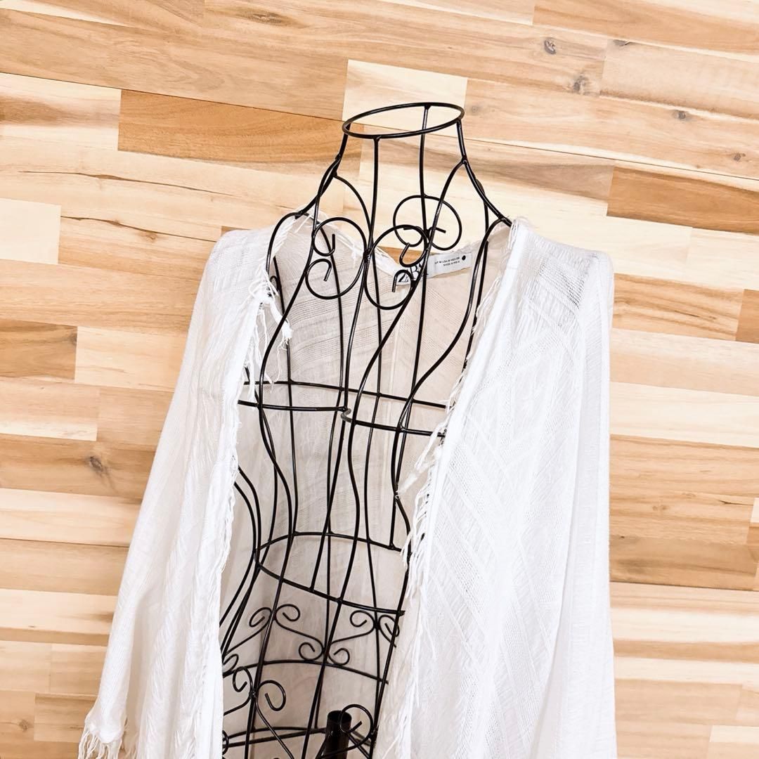 ザラ フリンジ ロング オープン ガウン カーディガン リゾート 海 M 白