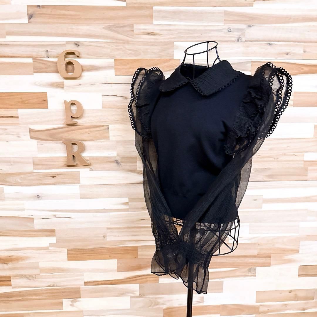 ザラ 透け感 オーガンジー スリーブ 異素材 ニット カットソー M 黒