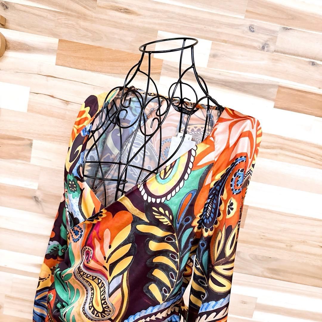 ザラ サテン アート カラフル アシンメトリー カットソー XSカラフル