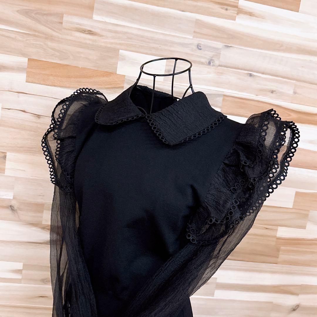 ザラ 透け感 オーガンジー スリーブ 異素材 ニット カットソー M 黒