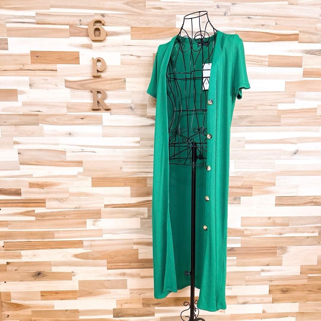 ザラ Vネック ロング カーディガン 半袖ワンピース リブ L緑グリーン