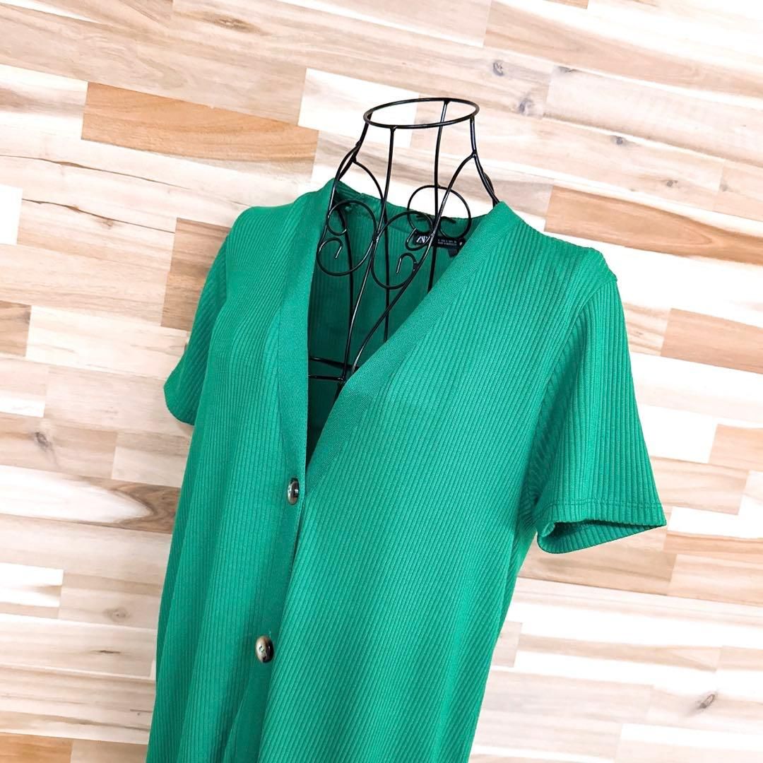 ザラ Vネック ロング カーディガン 半袖ワンピース リブ L緑グリーン