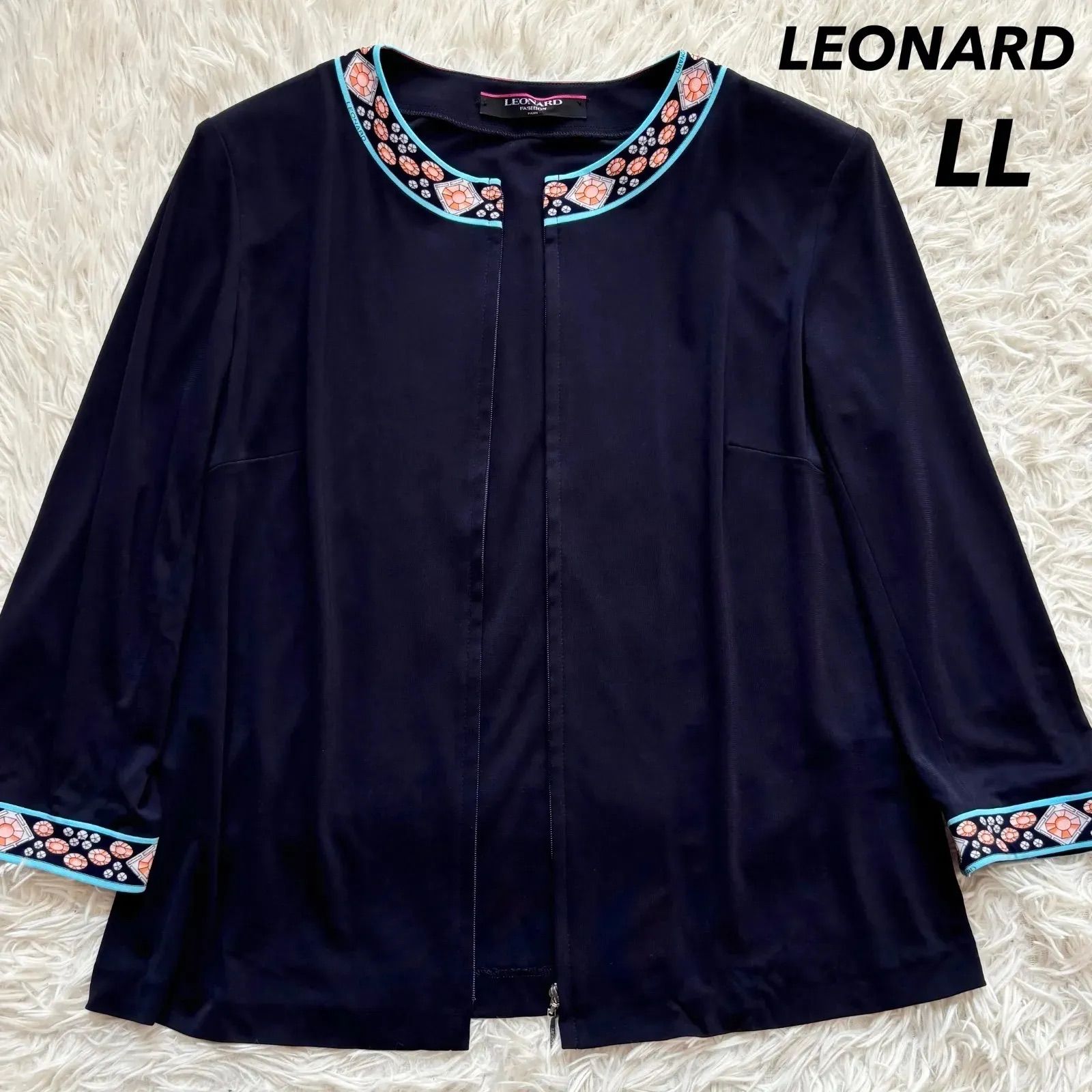 【極美品】レオナール カンカン素材 カーディガン サイズL ブラック 美品 レオナール カンカン素材 カーディガン 大きいサイズLL 七分袖