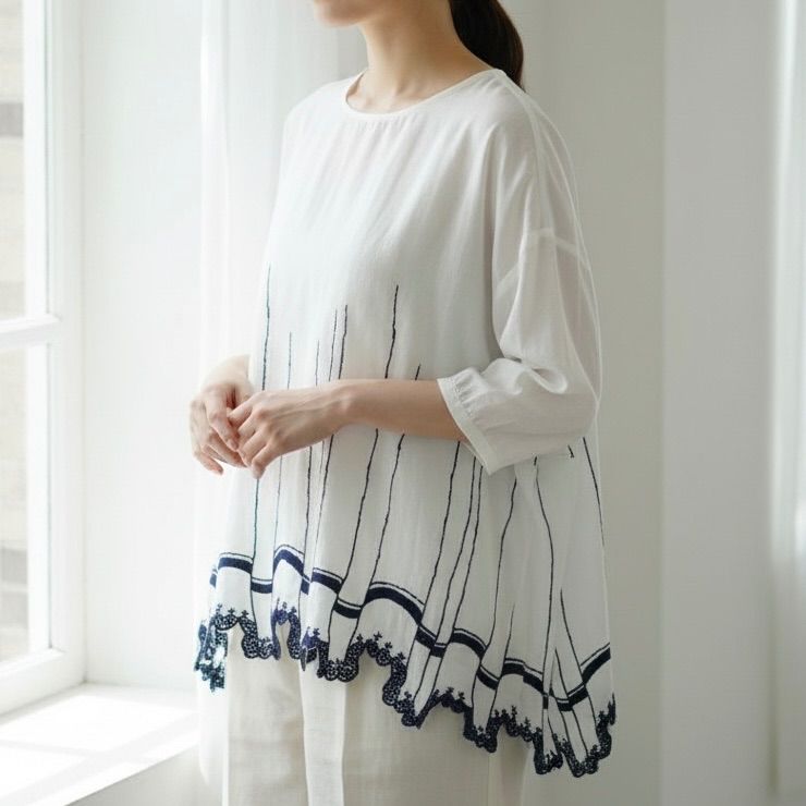 レディース mina perhonen walts 刺繍 七分袖ブラウス 40 ホワイト 白 