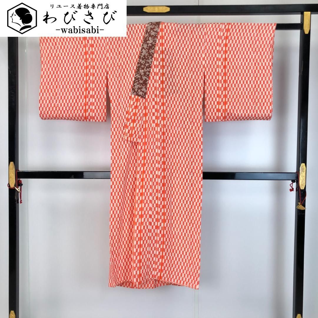長襦袢 単衣 矢絣 朱色 半衿付 J-357