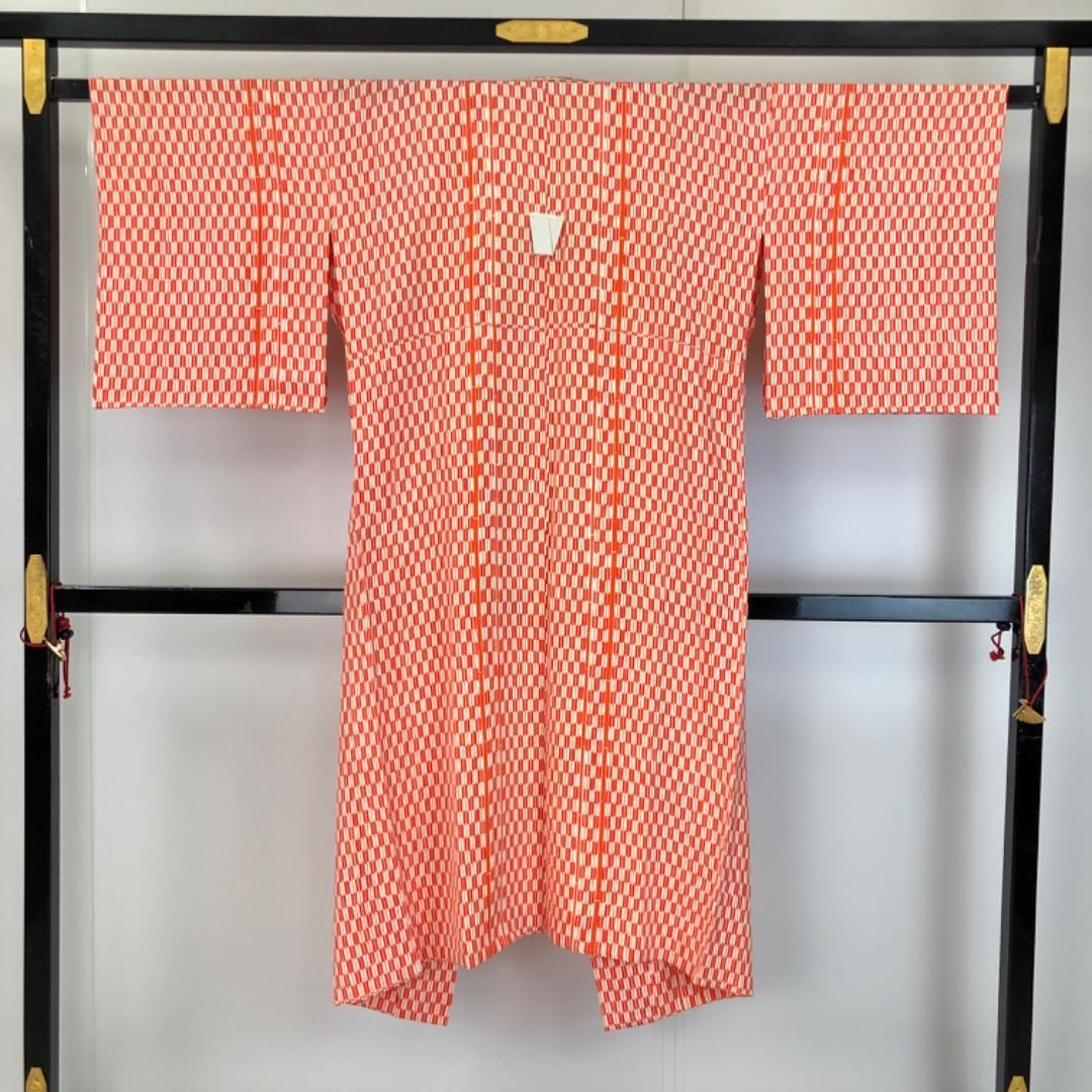 長襦袢 単衣 矢絣 朱色 半衿付 J-357