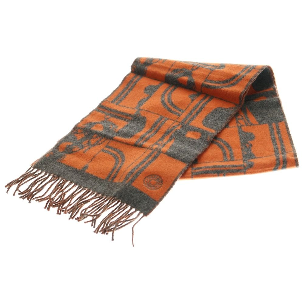 HERMES エルメス ブリッド ドゥ ガラ カシミヤマフラー グレー オレンジ レディース