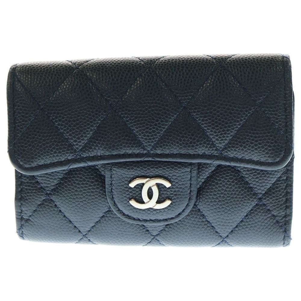 CHANEL シャネル キーケース キーホルダー キャビアスキン マトラッセ ネイビー シルバー金具