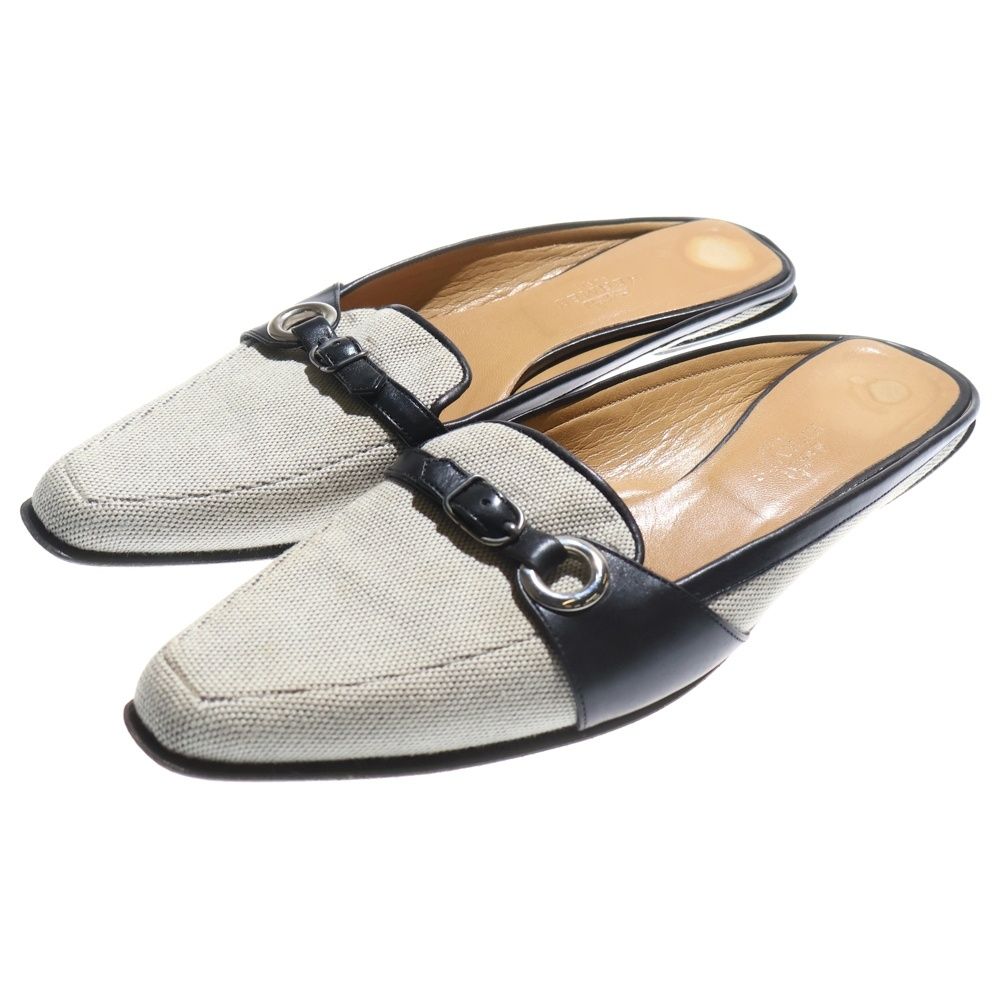 HERMES エルメス レザー ベルト アイレット キャンバス フラットシューズ ミュール パンプス シルバー金具 ブラック ベージュ レディース
