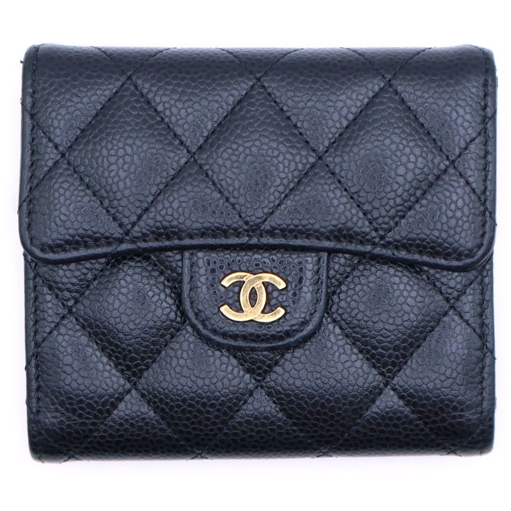 CHANEL シャネル マトラッセ 三つ折り財布 コンパクトウォレット コインケース ブラック キャビアスキン ゴールド金具