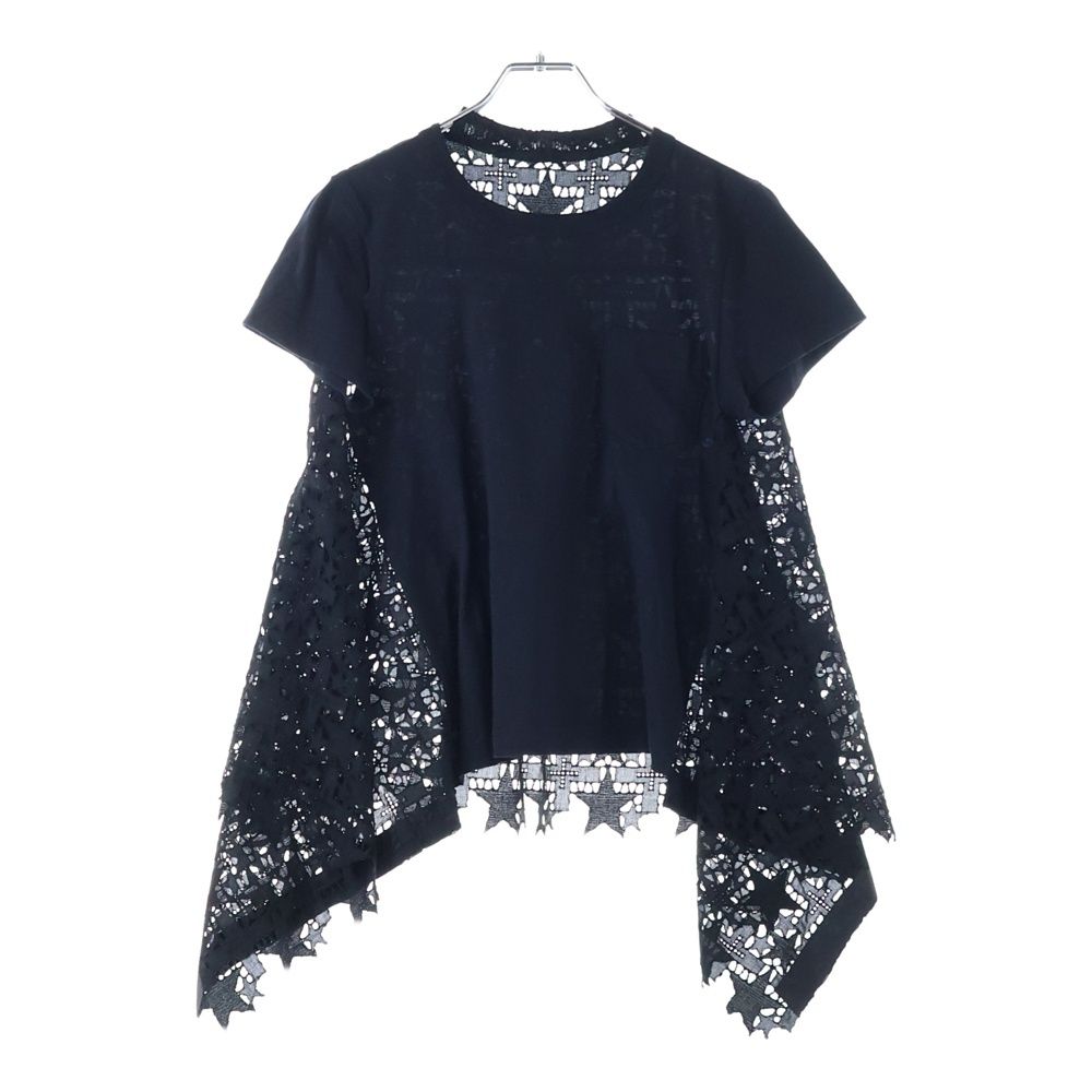 Sacai サカイ 21SS スター柄レース切り替え 変形 クルーネック 半袖Tシャツ カットソー ブラック レディース 21-05471