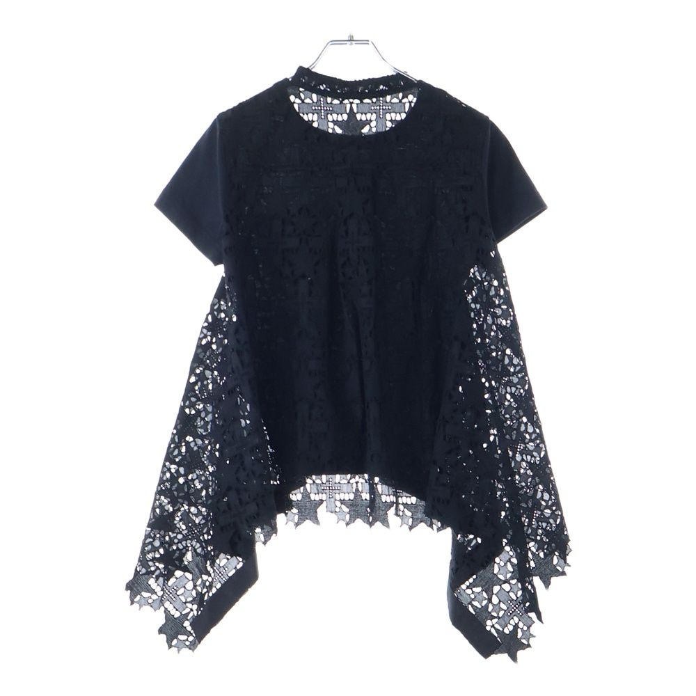 Sacai サカイ 21SS スター柄レース切り替え 変形 クルーネック 半袖Tシャツ カットソー ブラック レディース 21-05471