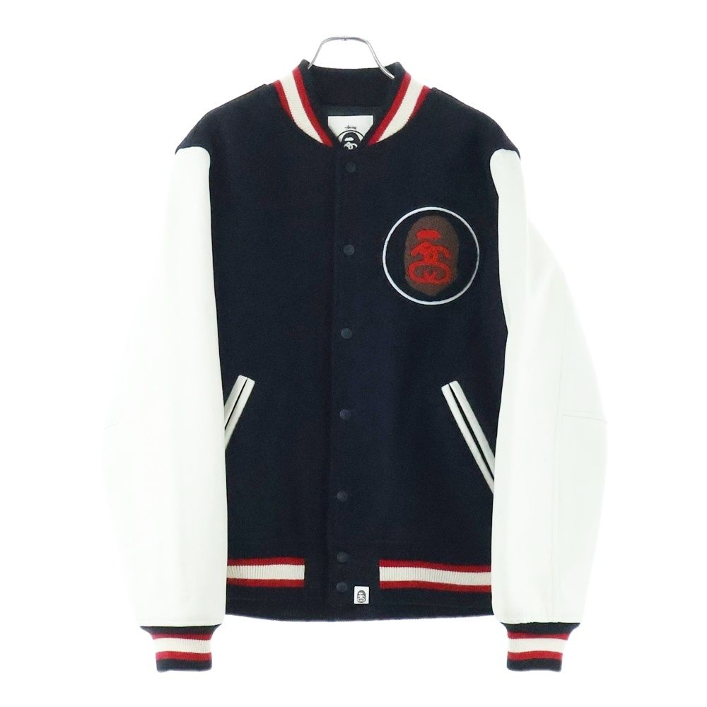 A BATHING APE (アベイシングエイプ) ×STUSSY VARSITY JACKETステューシー 胸ロゴデザインワッペン ダブルポケット バーシティージャケット スタジアムジャンパー ブラック/ホワイト 001HJ0731927X