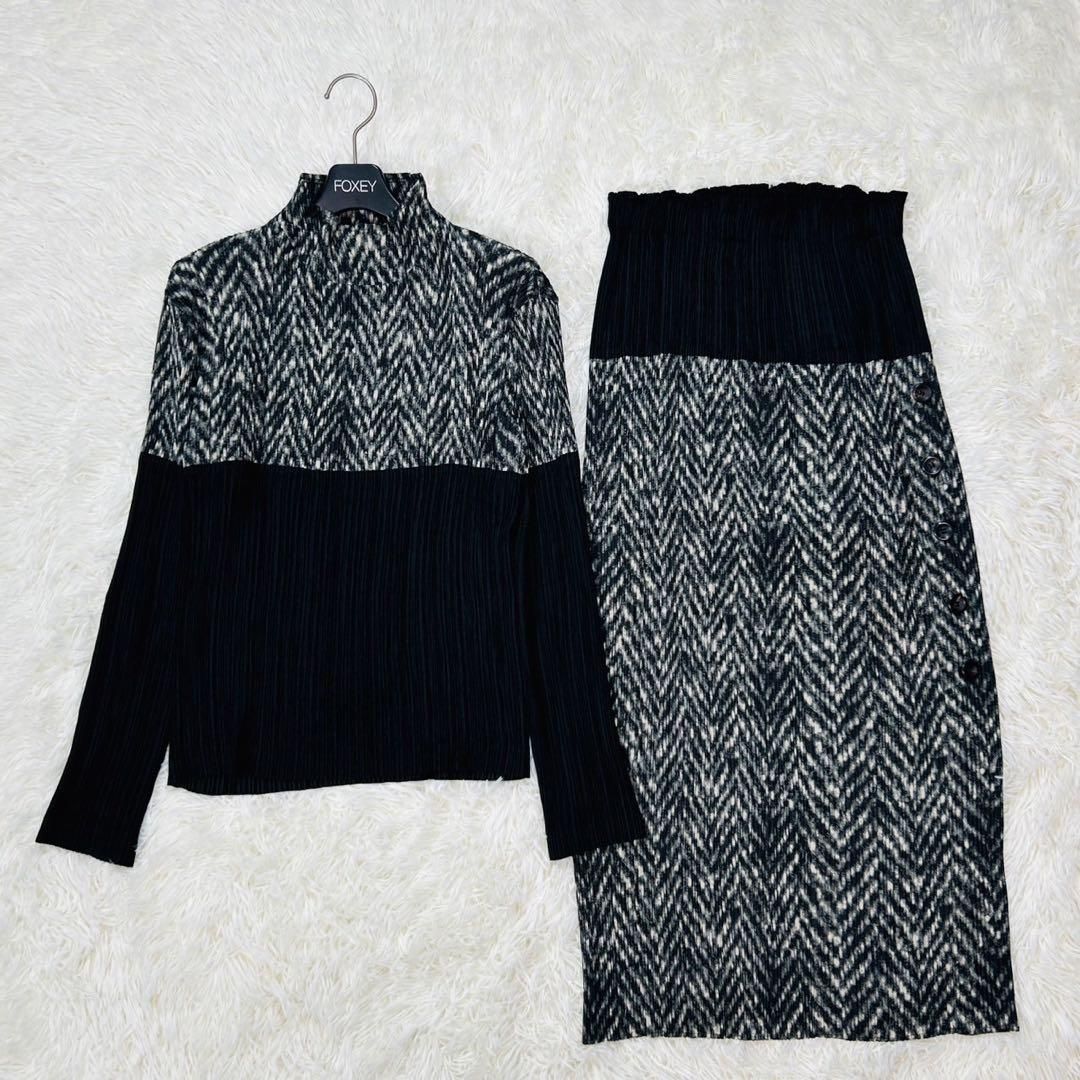 ISSEY MIYAKE イッセイミヤケ スカートセットアップ プリーツ ツイード ヘリンボーン グレー 切替 Lサイズ