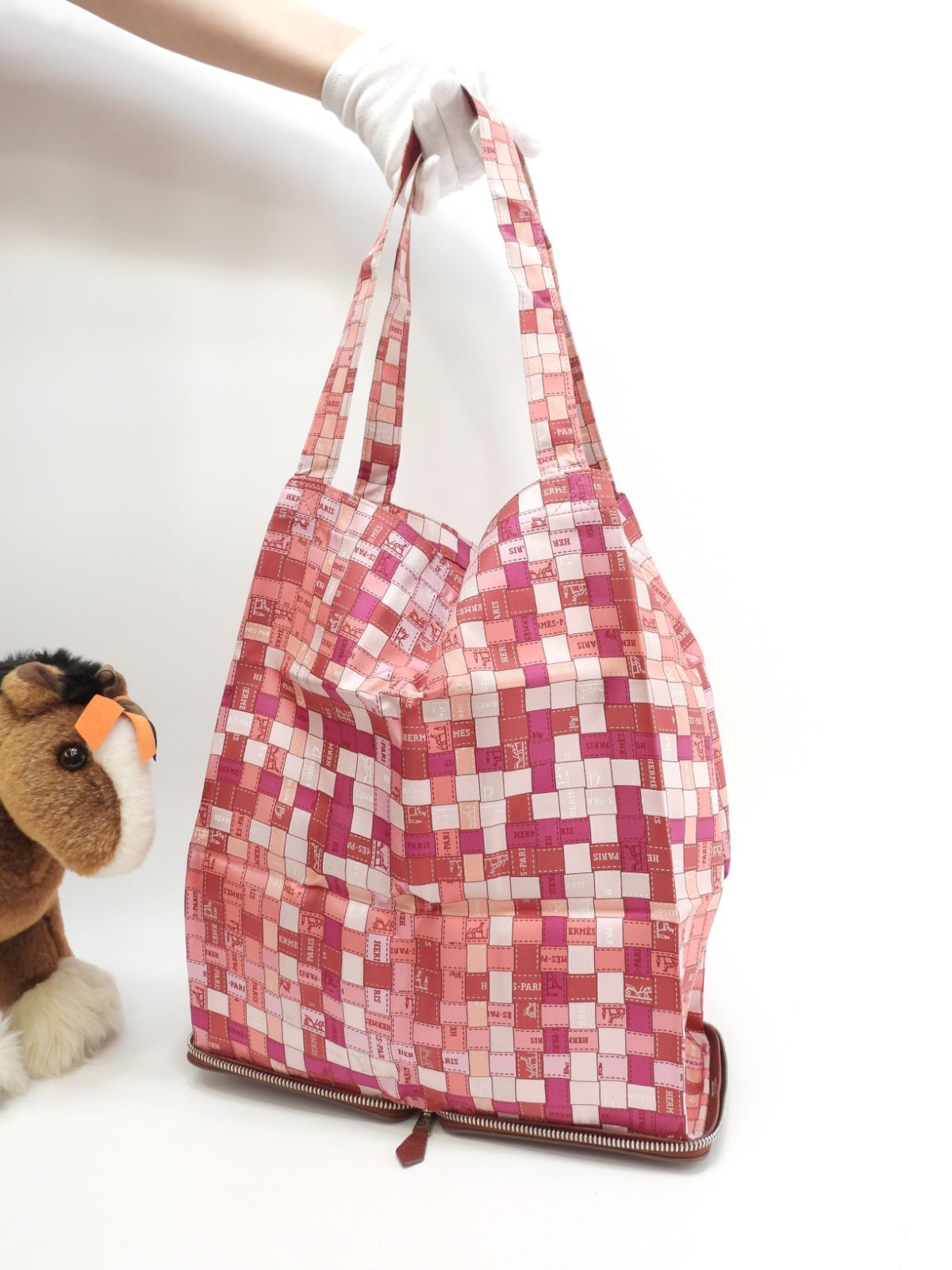 エルメス シルキーポップ シルク ピンク レザー赤茶 エコバッグ 折畳みハンドバッグ K