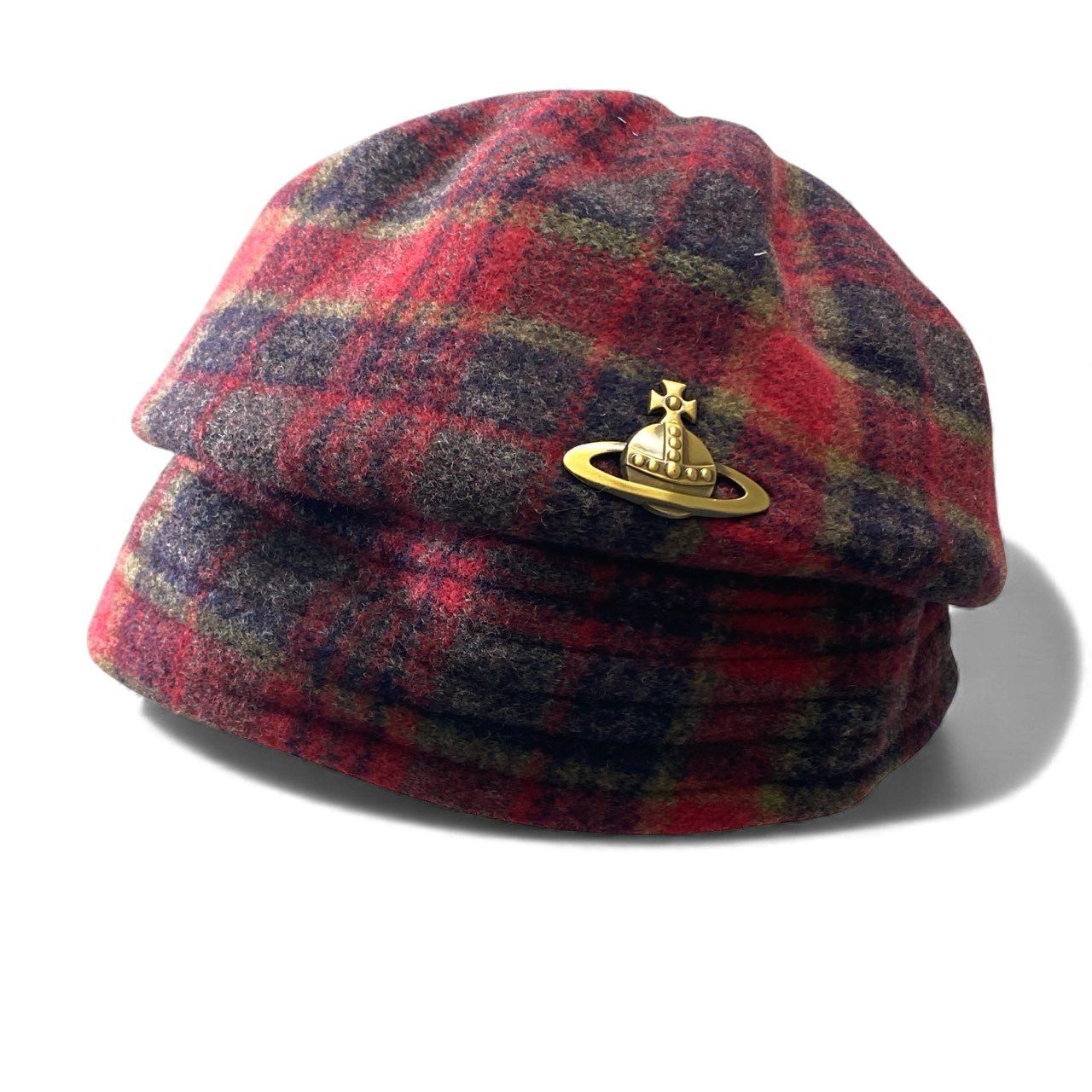 k 16 Vivienne Westwood ヴィヴィアンウエストウッド クロッシェハット メタルオーブ M レッド チェック柄 帽子 ヘッドウェア