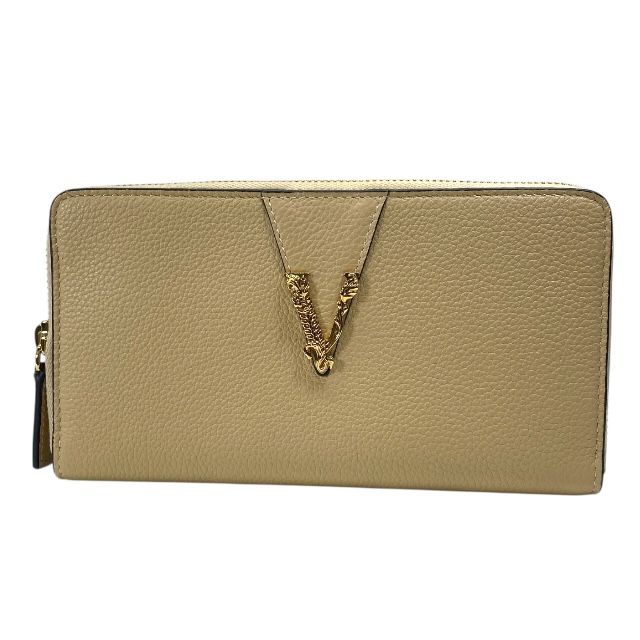 ヴェルサーチ 1006263 ヴィルトゥス 財布 長財布 ロングウォレット ラウンドファスナー Vロゴ レザー ベージュ ゴールド VERSACE レディース 人気 定番 上品 感 エレガント