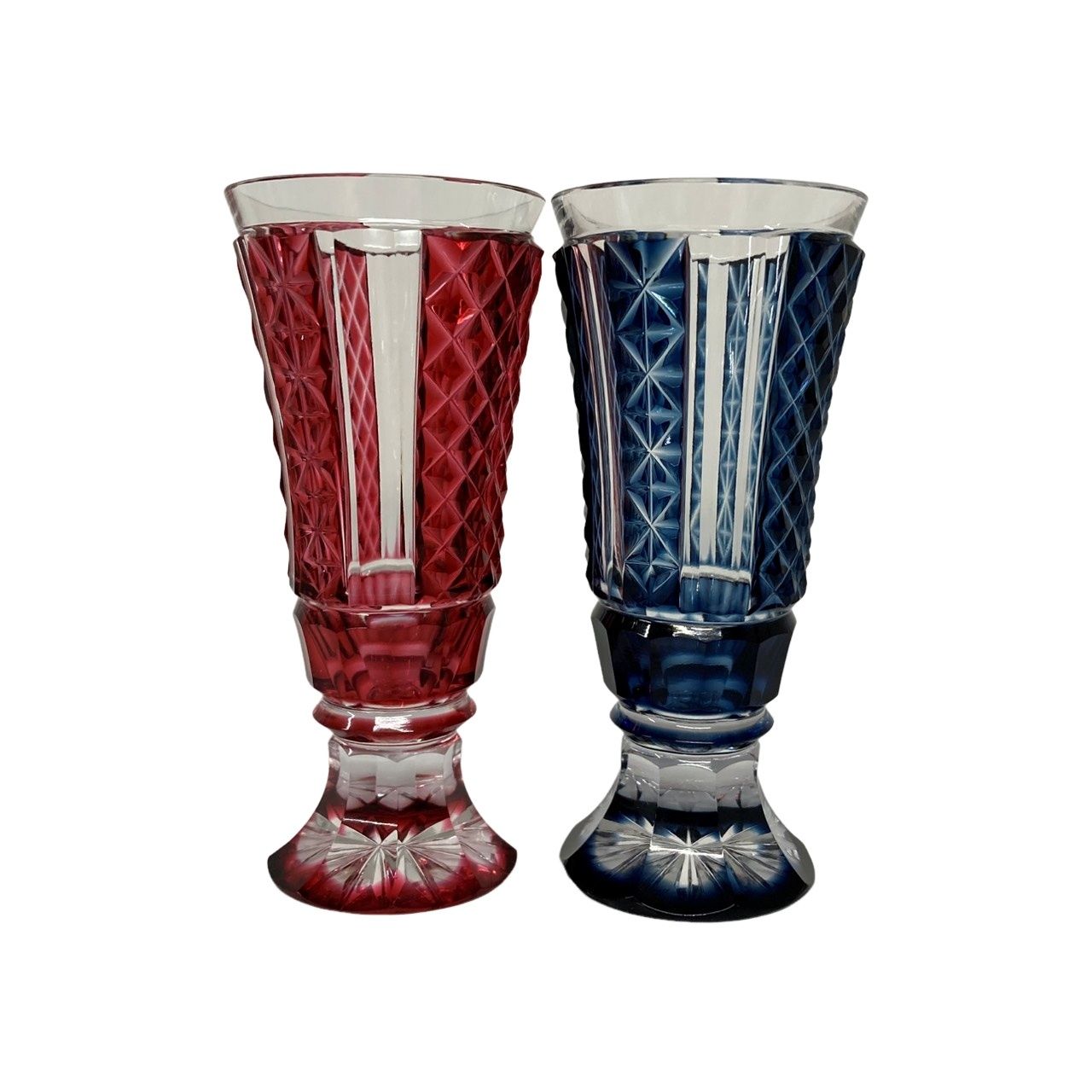 島津 磯斉彬窯 薩摩ガラス工芸作 創作 薩摩切子 色被せガラス 青赤ペア 切子食前酒杯 共箱 酒器 12511K251