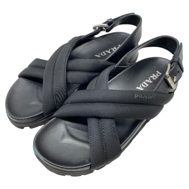 プラダ サンダル クロスベルト ロゴ ナイロン レザー ブラック
