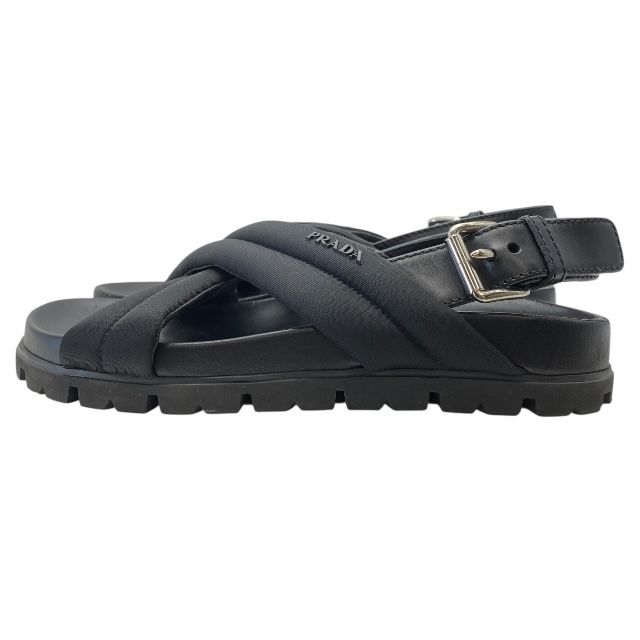 プラダ サンダル クロスベルト ロゴ ナイロン レザー ブラック
