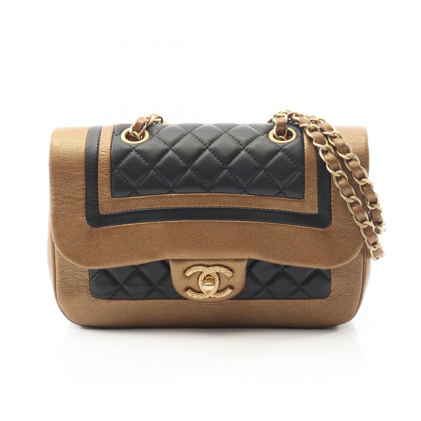 シャネル CHANEL ショルダーバッグ マトラッセ Wフラップ ブラック ブロンズゴールド レザー マトラッセ チェーンショルダー レディース Used A