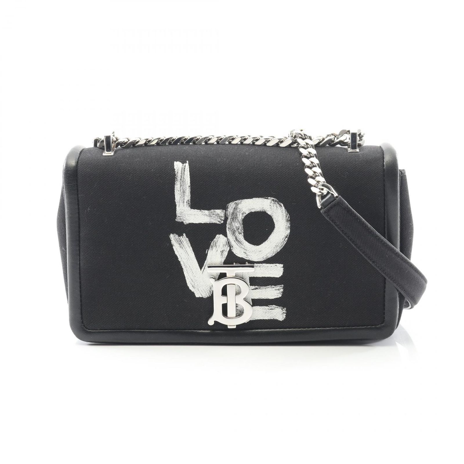 バーバリー BURBERRY ショルダーバッグ ブラック キャンバス レザー TBローラ チェーンショルダー レディース Used B