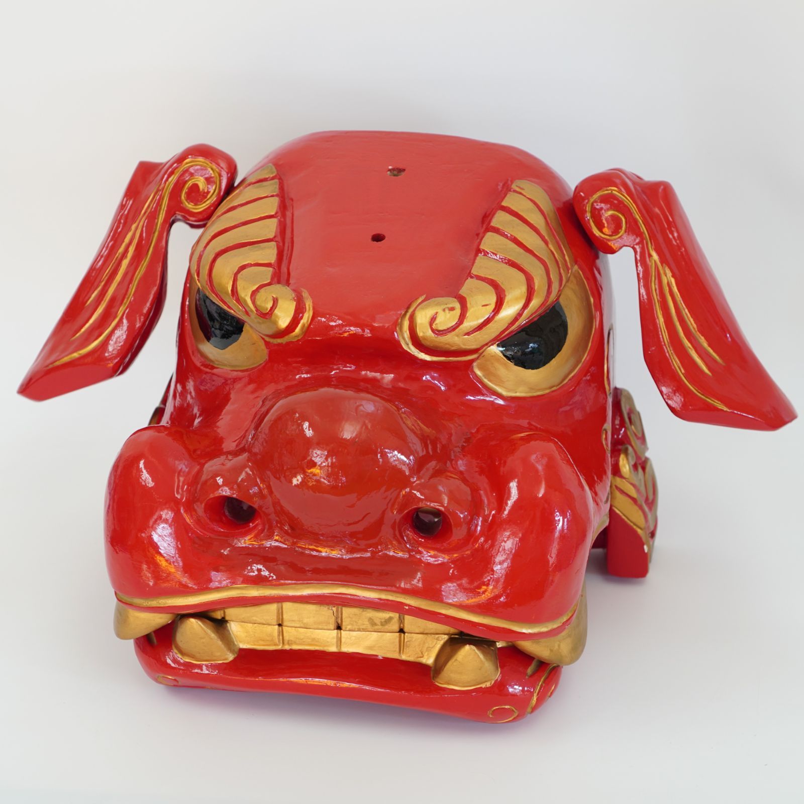 獅子頭 昇作 木製 手彫り 大型 縁起物 高さ：約44cm 耳から耳：約58cm