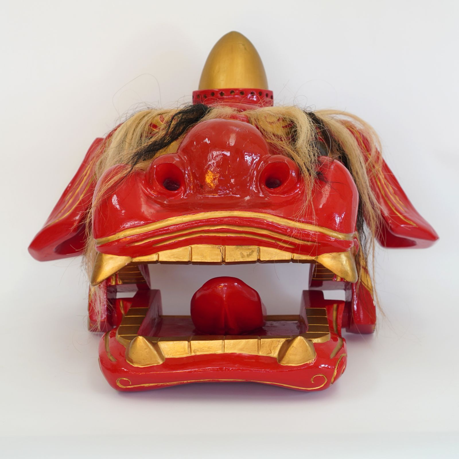獅子頭 昇作 木製 手彫り 大型 縁起物 高さ：約44cm 耳から耳：約58cm