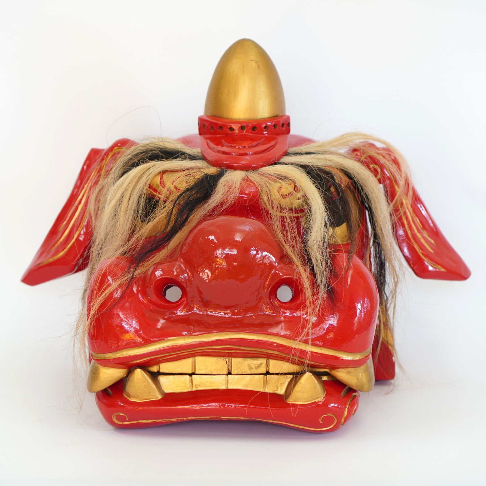 獅子頭 昇作 木製 手彫り 大型 縁起物 高さ：約44cm 耳から耳：約58cm