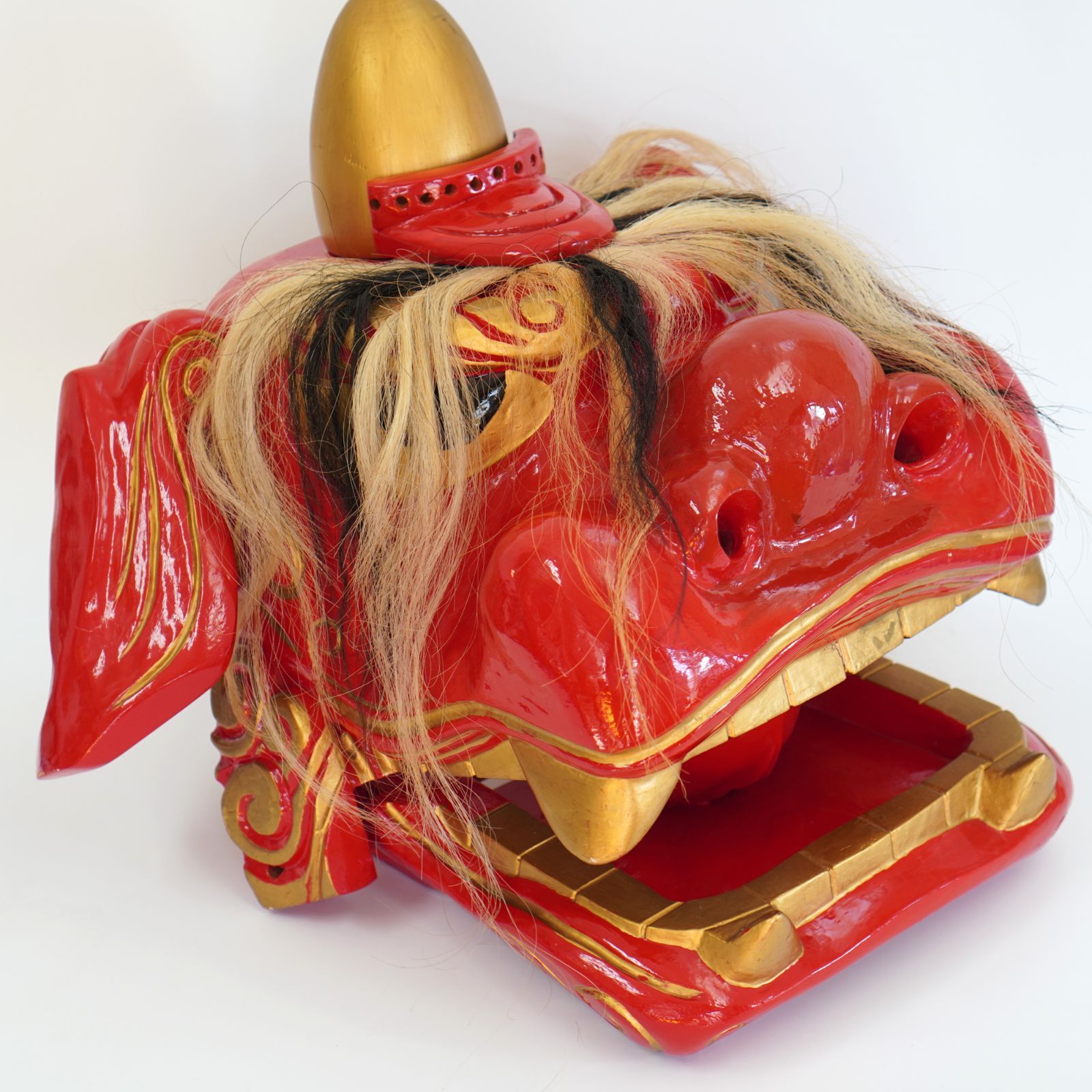 獅子頭 昇作 木製 手彫り 大型 縁起物 高さ 約44 cm 耳から耳 約58 重さ 約4 25 kg