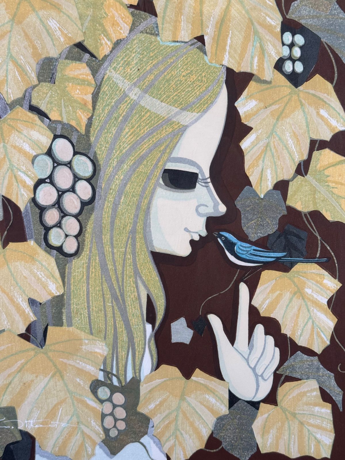 池田修三「葡萄」木版画 8号 1978年 版上サイン 人気木版画家 秋田県