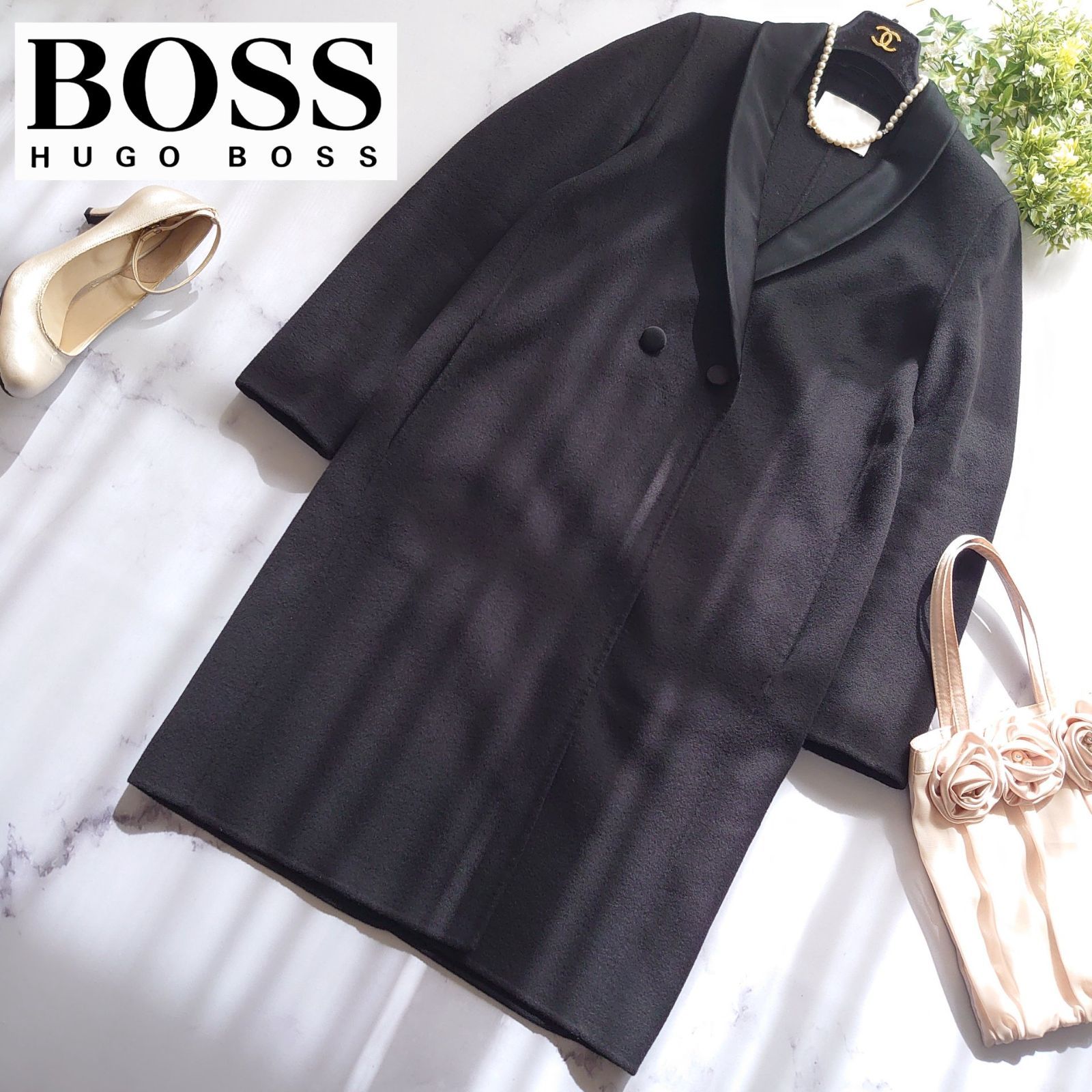 近年 白タグ ヒューゴボス カシミヤ ロングチェスターコート ダブル L相当