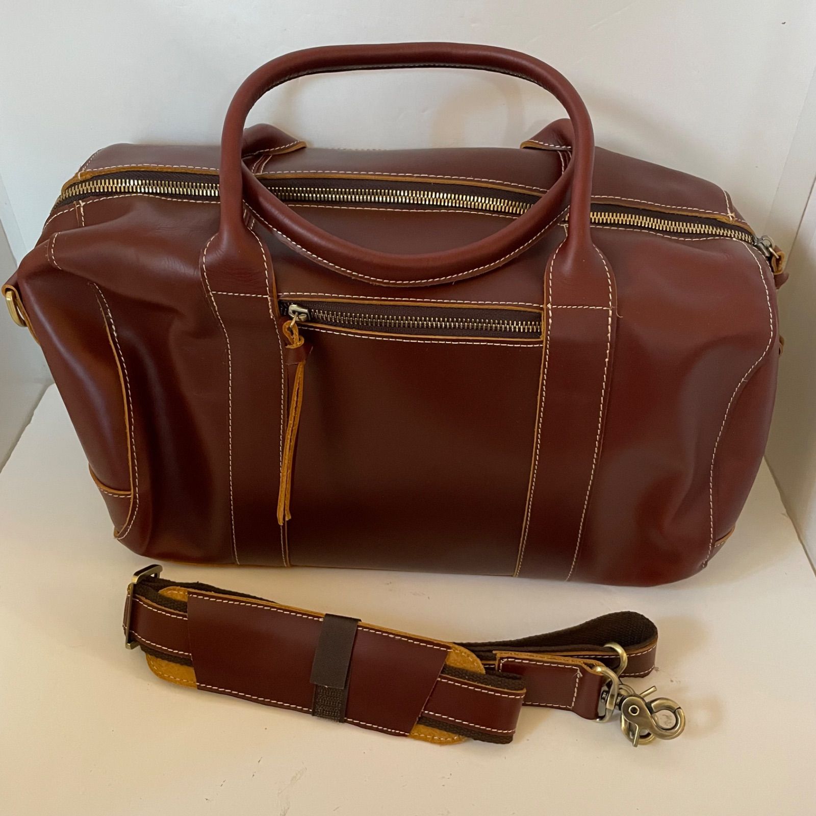 レザー ボストンバッグ 茶色 レザーボストンバッグ 茶色 ショルダー付き 2層式 大容量 出張 旅行