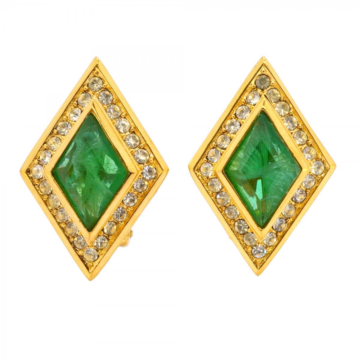 5job0057 クリスチャンディオール イヤリング 菱形 GPメッキ ラインストーン ストーン ゴールド グリーン レディース