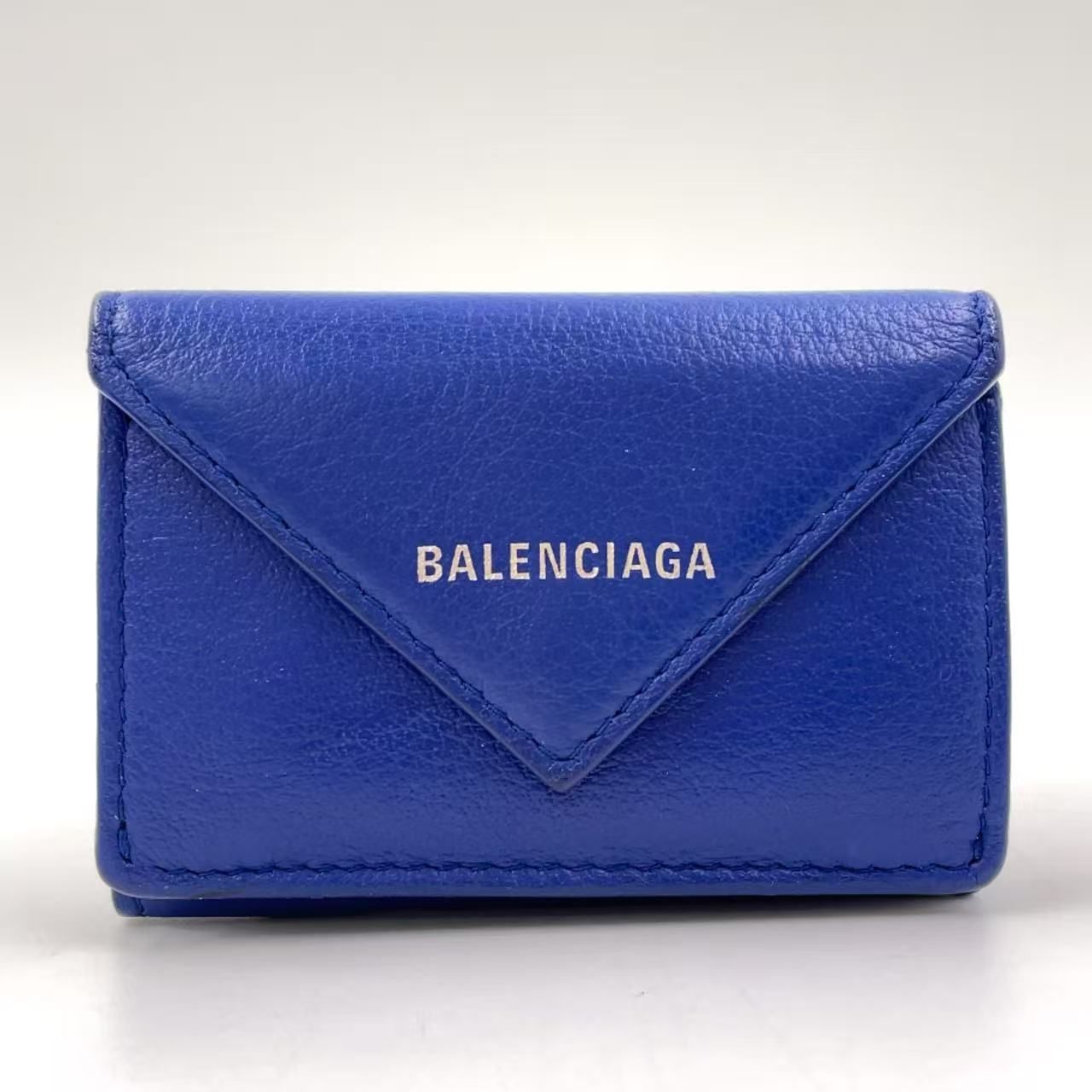 BALENCIAGA ペーパーミニ レザー ブルー 三つ折り財布 シルバー