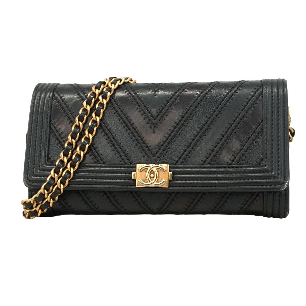 5oc2354-h シャネル ショルダーウォレット ボーイシャネル Vステッチ レザー ブラック ゴールド金具 レディース