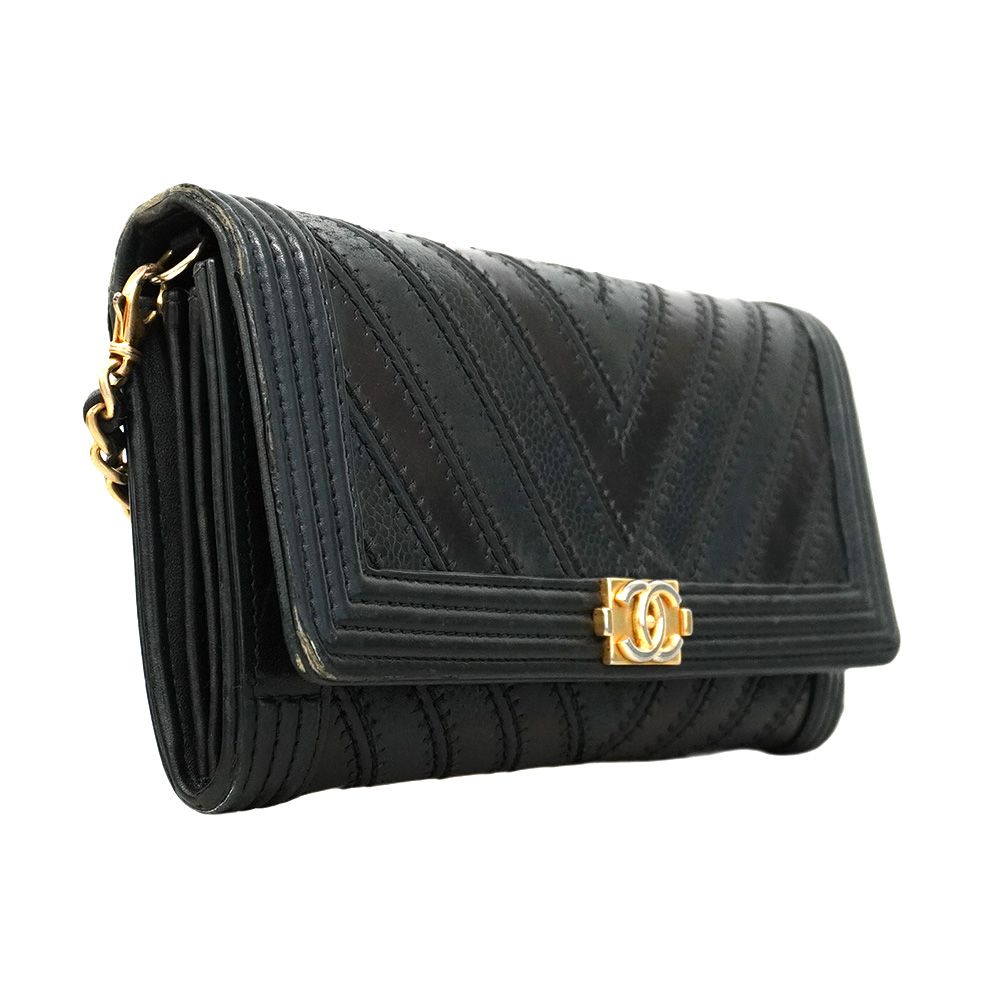5 oc 2354-h シャネル ショルダーウォレット ボーイシャネル Vステッチ レザー ブラック ゴールド金具 レディース