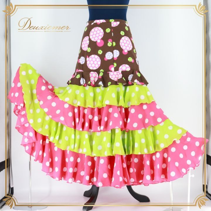 フラメンコ 衣装 ソニアジョーンズ SONIA JOHNES ファルダ スカート 水玉 ドット 茶色 ピンク 黄緑 かわいい ポップ ボランテ フリル ブラウン系 ピンク系 グリーン系 フラメンコスカート ドット柄 ファルダスカート フリルスカート カラフル