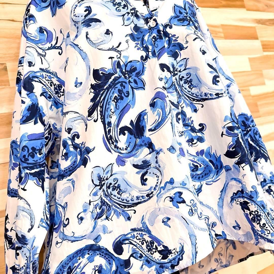 【ザラ】ウォーターカラー ペイズリー アート Vネック 長袖シャツ S 白×青 ザラ】ウォーターカラー ペイズリー アート Vネック 長袖シャツ S 白