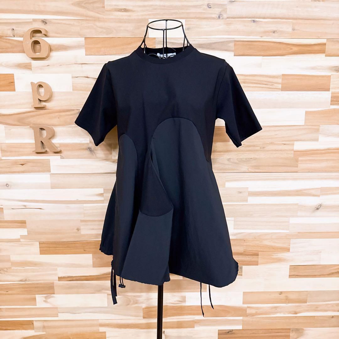 美品 アンスリード ウェーブラインTシャツ ストライプ 切り替え ドッキング Ｍ 美品【アンスリード】ボリューム ウェーブ ライン ドッキング 半袖T