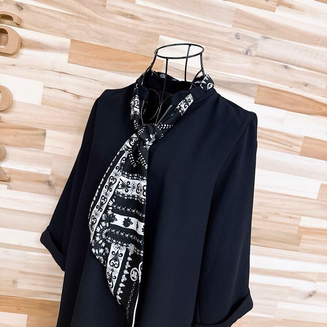 ザラ スカーフ タイ付き カットソー チュニック 長袖Tシャツ S 黒×白