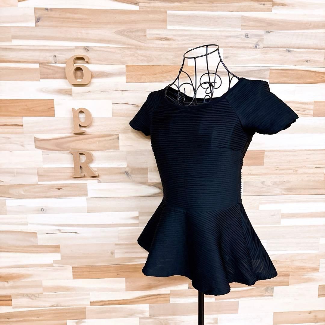 ザラ 立体 ペプラム カットソー 半袖Tシャツ フ 切り替え S 黒ブラック