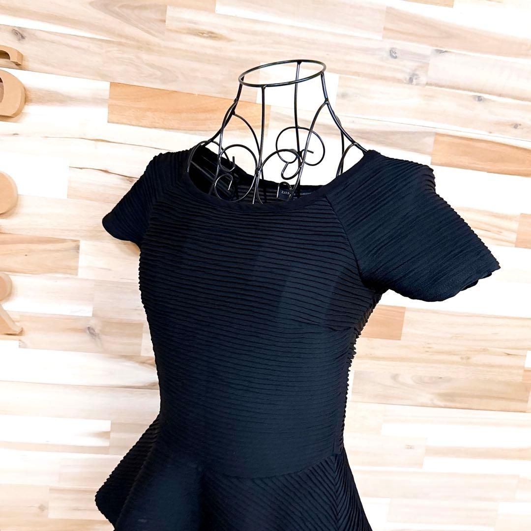 ザラ 立体 ペプラム カットソー 半袖Tシャツ フ 切り替え S 黒ブラック